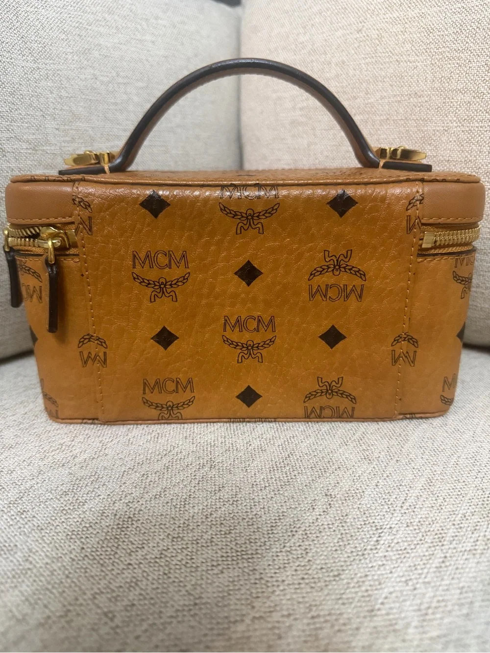 MCM Cognac Logo Visetos Leather Vanity Bag with Gold Hardware
